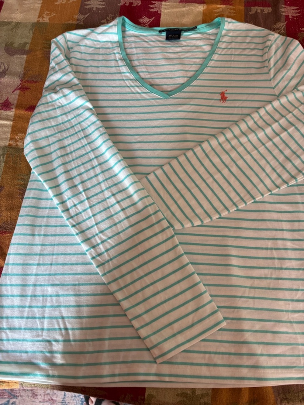 Ralph Lauren White and Mint Green Striped V-Neck Long Sleeve Top